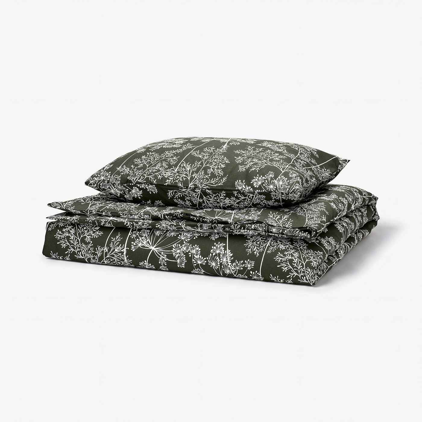 DAGGBJÖRNBÄR duvet set, deep green with white floral print, soft cotton/lyocell blend, rectangular shape.