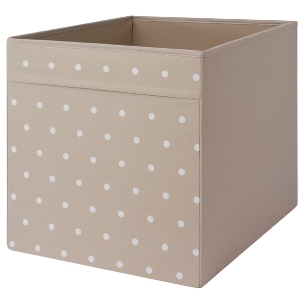 DRÖNA beige storage box, fabric, square, white polka dots.