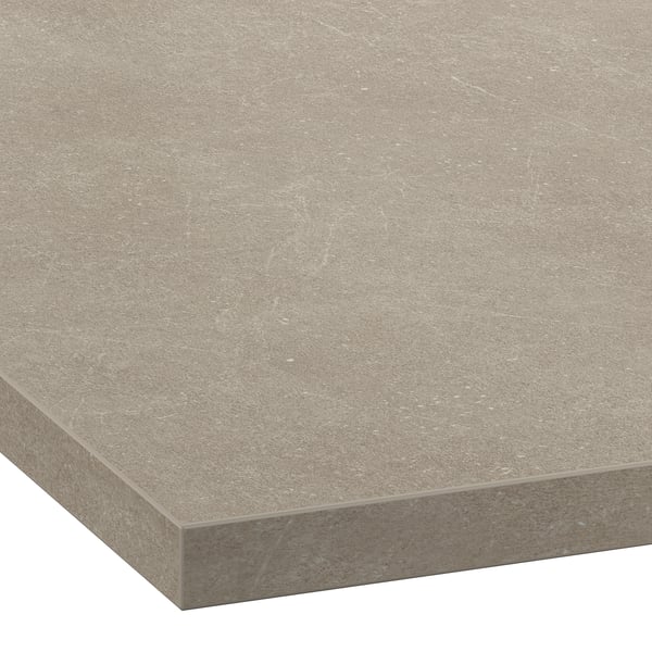 Close-up of a sleek, textured grey laminate worktop with clean, straight edges, showcasing its smooth and durable surface.