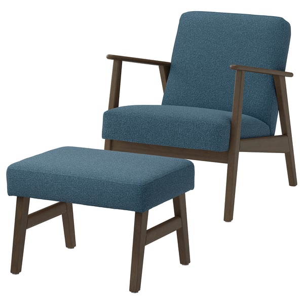 EKENÄSET Armchair and footstool, walnut effect/Axvall dark grey-blue