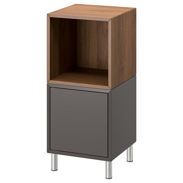 Modern wooden storage unit with grey door and metal legs, square shape, open top, closed bottom.