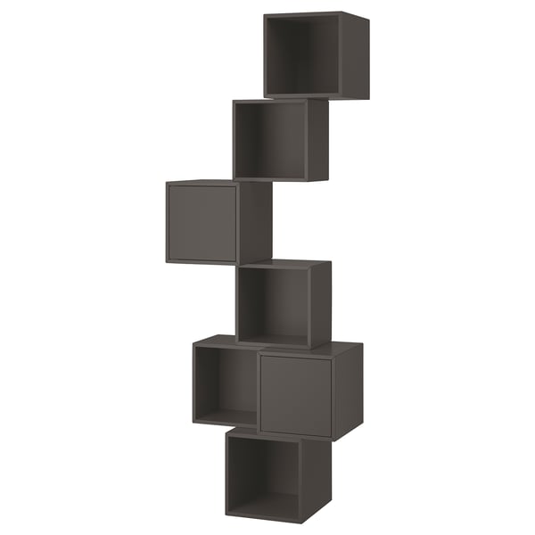 Black modular cube shelves, wall-mounted, geometric design for storage.