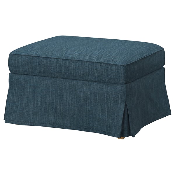 Blue EKTORP footstool with tailored skirt, wooden legs, and woven upholstery.