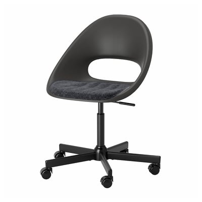 A modern black office chair named ELDBERGET with a curved back and padded seat, equipped with height-adjustable mechanisms and five safety castors.