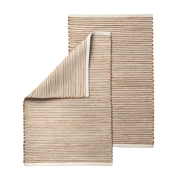 Handwoven ENERGIKÄLLA rug in multicoloured hues, made from leftover cotton fabric, with a square shape and striped pattern.
