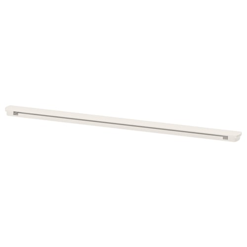 An ENHET storage rail, white, made of powder-coated steel, ideal for organising kitchen and bathroom items under open shelves.