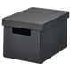A grey FJÄDERHARV storage box with a lid, made of recycled paper. It has a rectangular shape and a handle cutout on the front for easy carrying.
