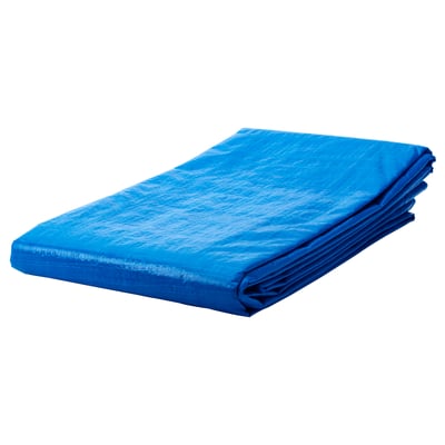 Bright blue, folded plastic tarp with welded seams and reinforced edges, white background.