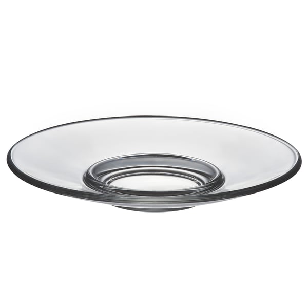Clear glass saucer, round, sleek design, sits flat, part of the GOTTFINNANDE series.