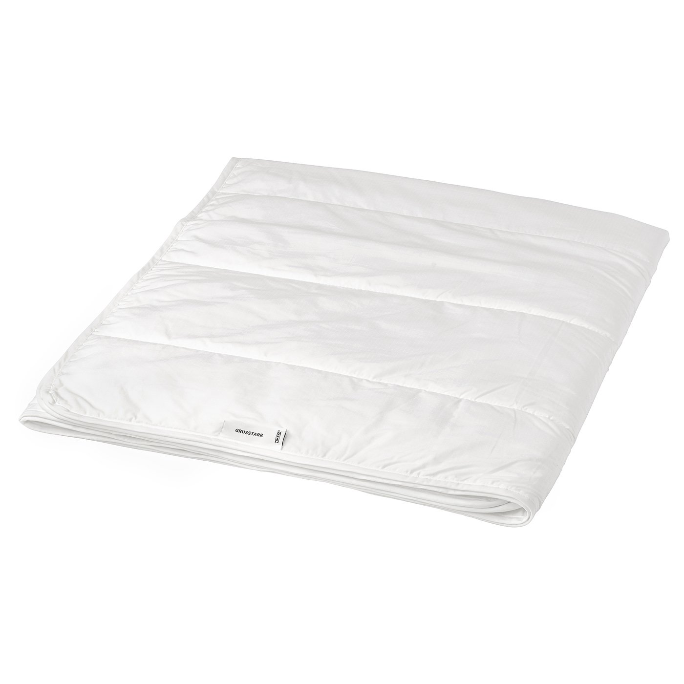 White GRUSSTARR duvet, folded, with printed dot fabric, 20% viscose filling for cooling.