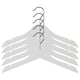 Five grey plastic hangers with chrome hooks, neatly arranged in a row against a white background. Designed for childrens clothes.