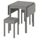 HAUGA grey drop-leaf table with two stools. Space-saving design, solid wood, rectangular, simple style.