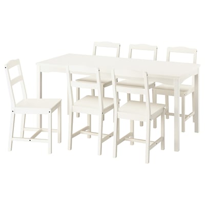 White HAUGA 6-seat dining set with pine table & chairs, sleek design.
