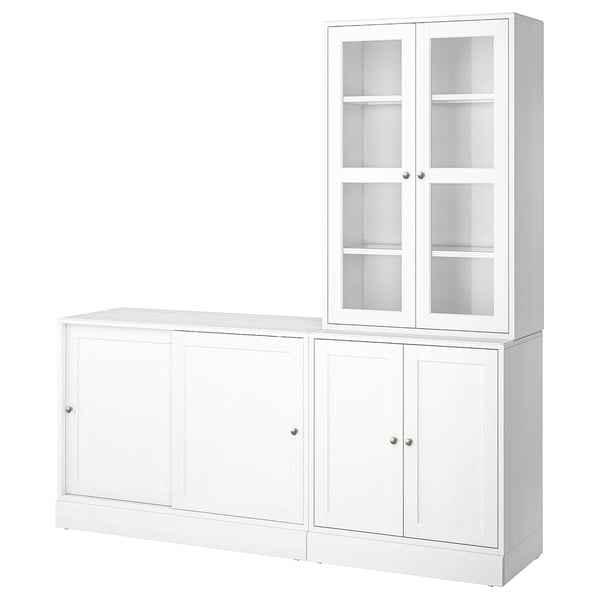 White HAVSTA furniture set, solid pine, rustic, with glass and closed doors.