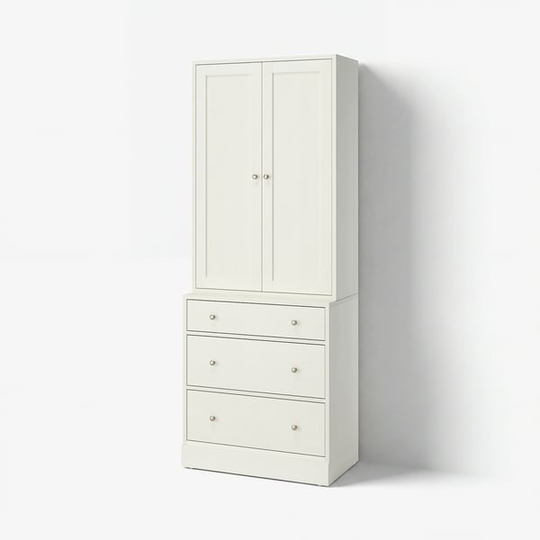 HAVSTA, tall cream cabinet, wooden, rectangular, simple design.