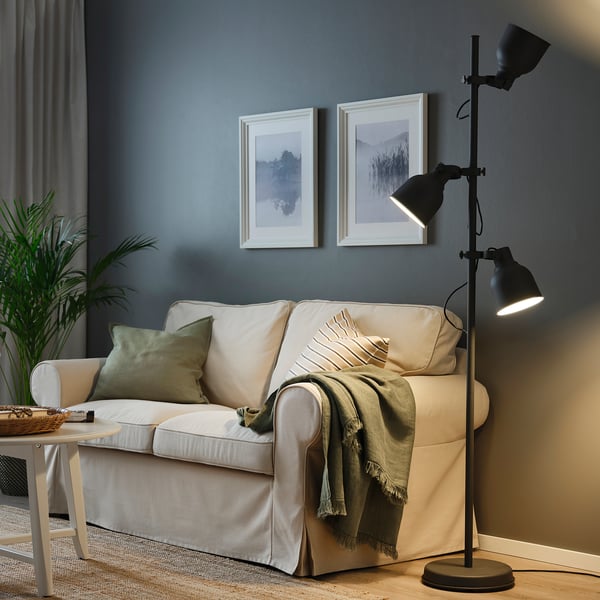 Living room with floor lamp beside sofa, nature photos on wall, plants, and coffee table.