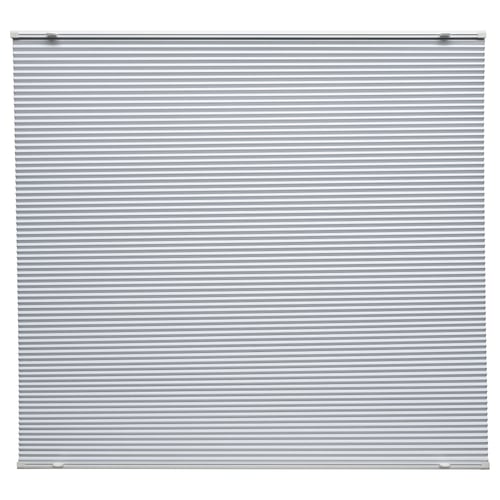 Grey pleated window blind, HORNVALLMO model, with top and bottom rails, cordless design for safety.