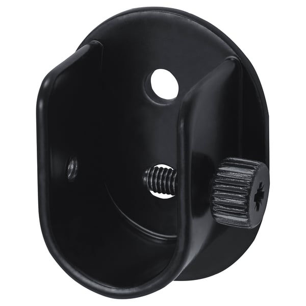 Black steel curtain rod bracket, adjustable, fits near ceiling.