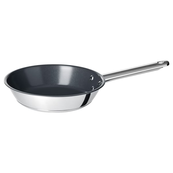 IKEA 365+ pan, stainless steel & black ceramic, round shape, non-stick surface, long handle, suitable for all hobs.