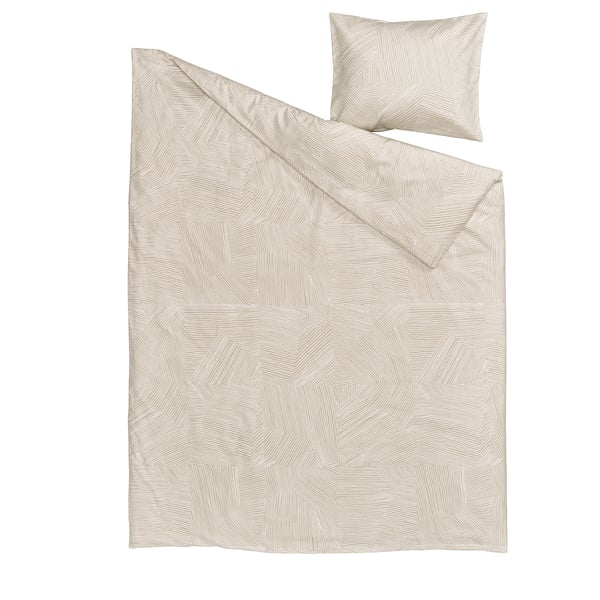 Beige JÄRNTRÄD bed cover and pillow, geometric print, recycled cotton.