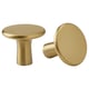 Two gold-colored, rounded cabinet knobs with a smooth surface and simple design, made of aluminium with a nickel-plated and acrylic coated finish.