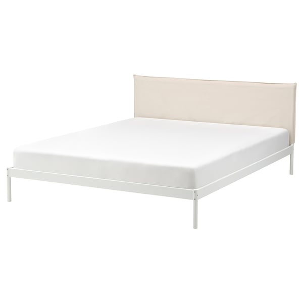 KLEPPSTAD bed - white frame, beige headboard, modern design.