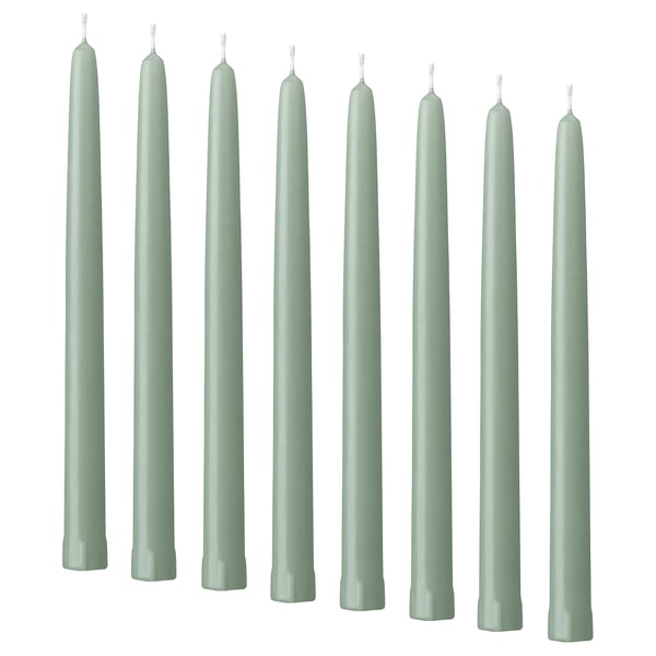 KLOKHET Unscented taper candle, light grey-green, 25 cm 6 hr