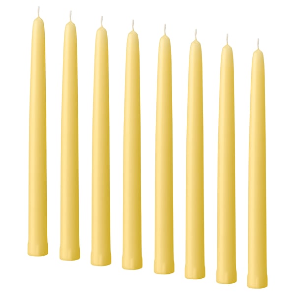 KLOKHET Unscented taper candle, pale yellow, 25 cm 6 hr