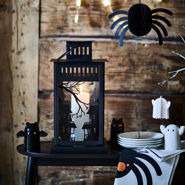 KUSTFYR Lantern for pillar candle, in/out, black, 44 cm