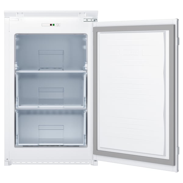 LAGAN white freezer, small, integrated, transparent drawers.