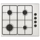 White gas hob, 4 burners, black knobs, stainless steel.