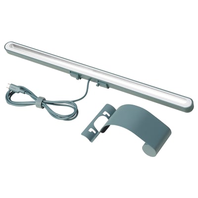 A LAGERGÅNG led lamp in green. It attaches to screens, has adjustable light, and a usb-c cable.