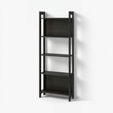 A black, four-tier LAIVA bookshelf made of engineered wood, featuring a minimalist and modern design with open storage space.
