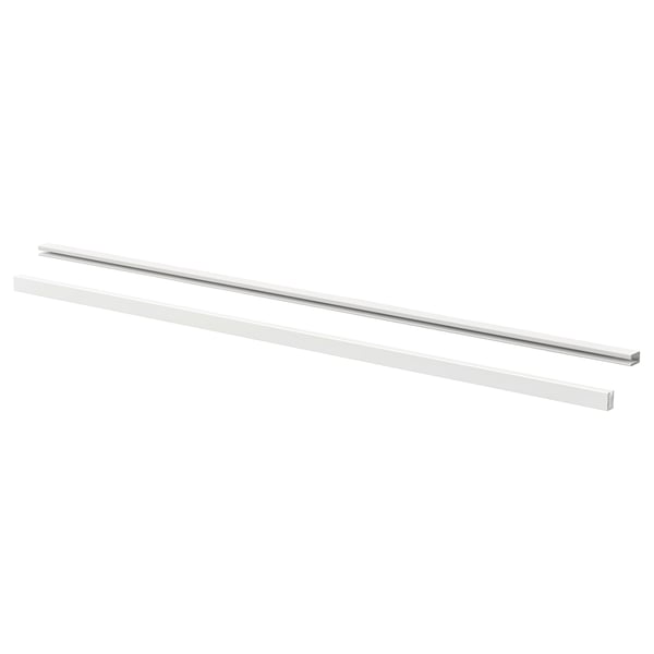 Two long, white LARKOLLEN aluminium handles with acrylic coating, laid side by side.