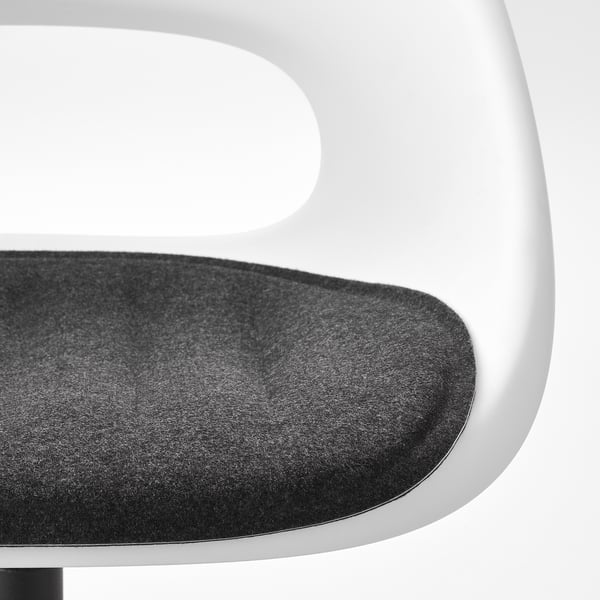 Close-up of a padded office chair seat, showing dark grey fabric covering a sturdy, white, curved seat shell.