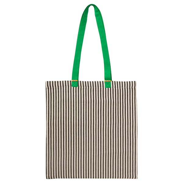 Black & white striped tote bag with green handles, cotton.