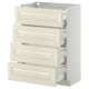 A white METOD kitchen cabinet with four off-white bodbyn drawers, each featuring bevelled edges. It has a sturdy frame with smooth-running drawers.