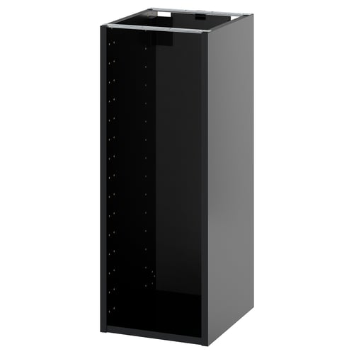 METOD tall, grey kitchen cabinet, open, with adjustable shelves.