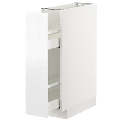 White modern kitchen cabinet with high gloss finish, rectangular shape, featuring pull-out drawer for easy access, part of IKEAs METOD system.