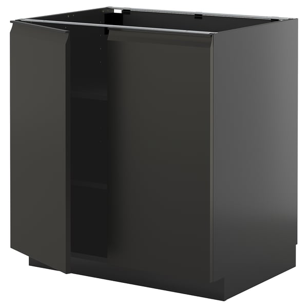 Black METOD corner cabinet with matte finish and metal handles.