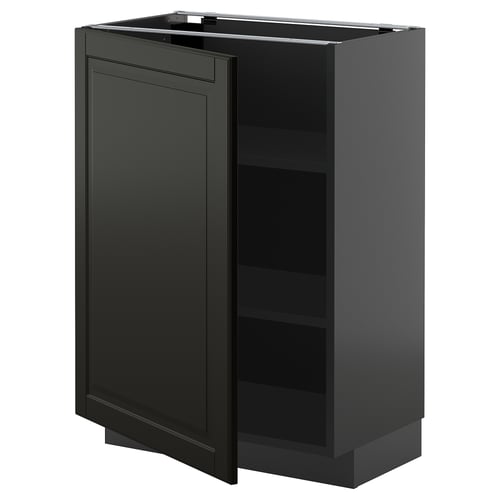 Black kitchen cabinet with single door, modern bevelled design, adjustable shelves, metallic hinges.