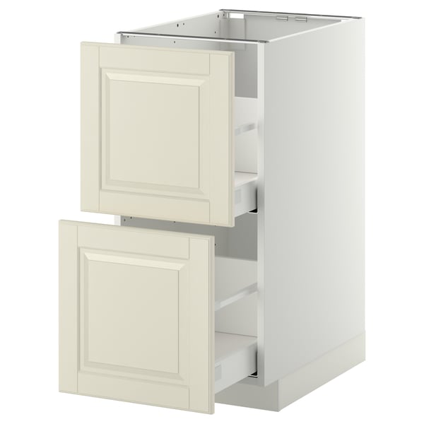 METOD kitchen cabinet, white with off-white drawers, two large bevelled drawers.