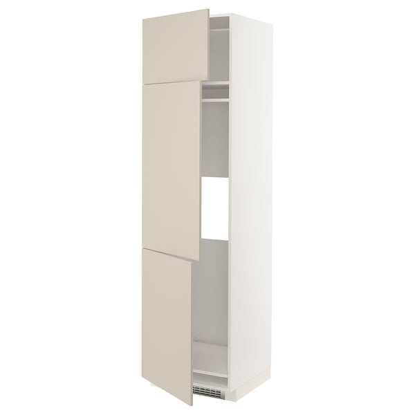 A tall white METOD kitchen cabinet with beige doors, three shelves, and a ventilated setup.