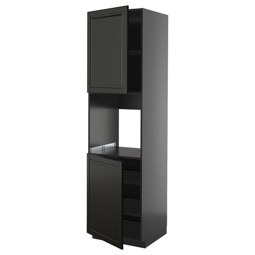 A black METOD kitchen cabinet with a tall, narrow shape and a door open to reveal shelves.