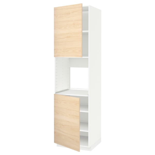METOD white kitchen cabinet with light ash doors, three shelves, natural wood finish.