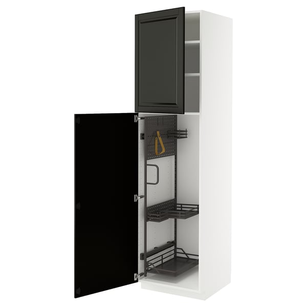 A modern white METOD kitchen cabinet with black bodbyn doors open, revealing inner shelves and organisers in black and yellow.