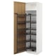 An open white METOD kitchen cabinet with oak wood pulls, featuring black pull-out shelves.