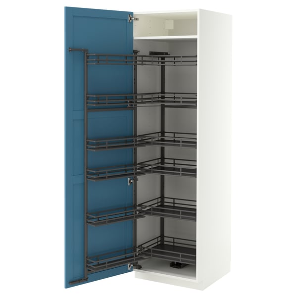 METOD High cabinet with pull-out larder, white/Lerhyttan blue, 60x60x200 cm