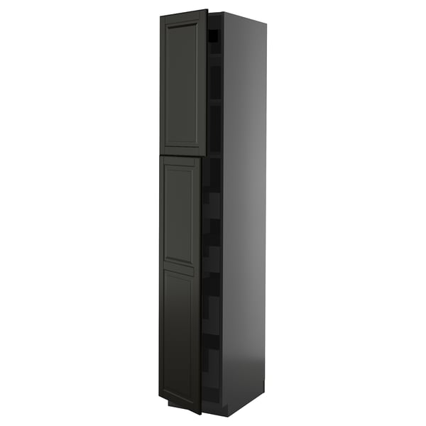 Black METOD kitchen cabinet. Tall, rectangular with two doors and bevelled edges design.
