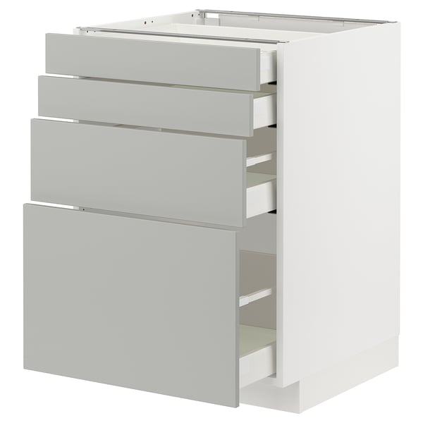 A white METOD kitchen cabinet with light grey havstorp drawer fronts. It multiple drawers in a sleek, modern design.